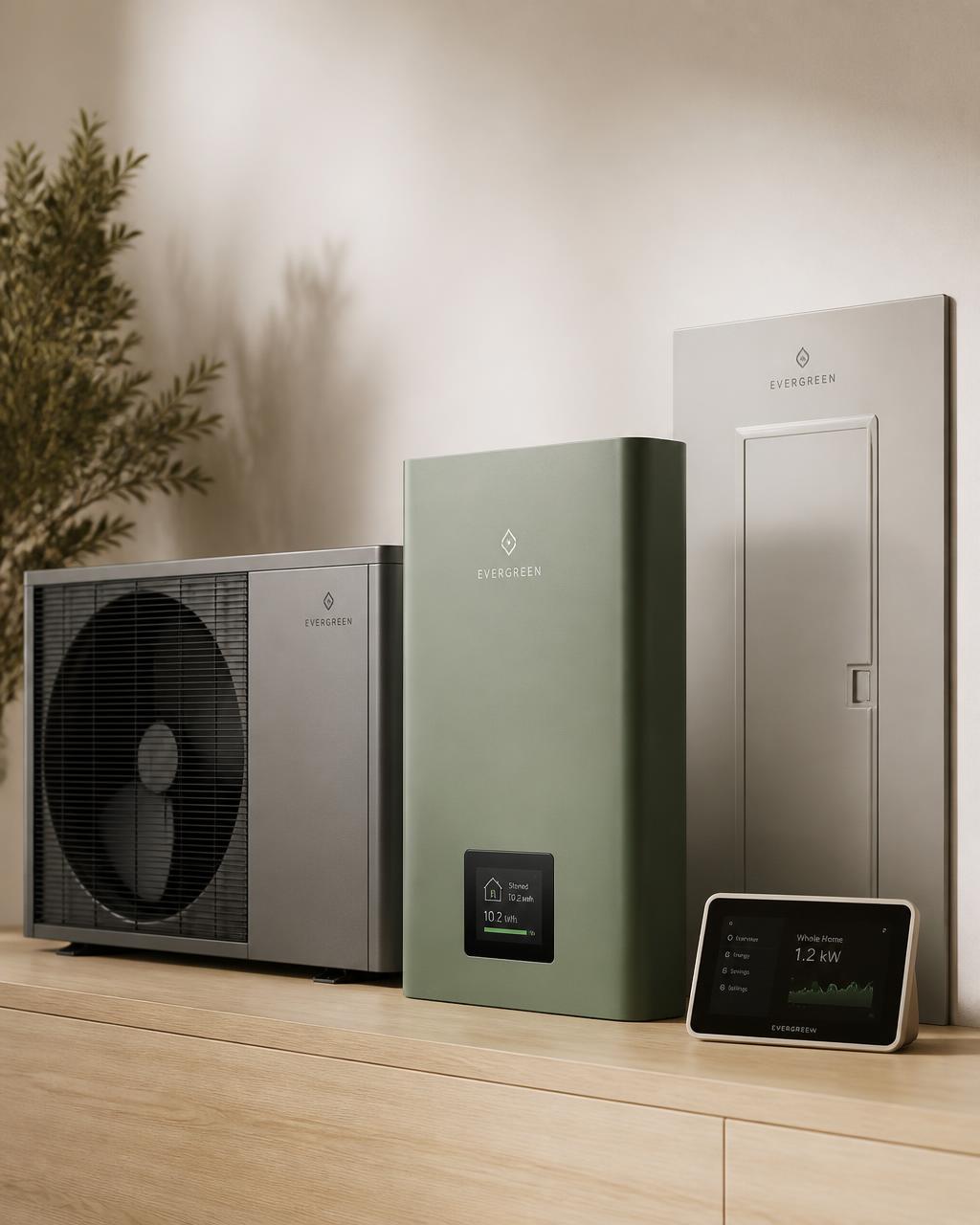 Clean-tech hardware product lineup with heat pump, battery, and smart panel