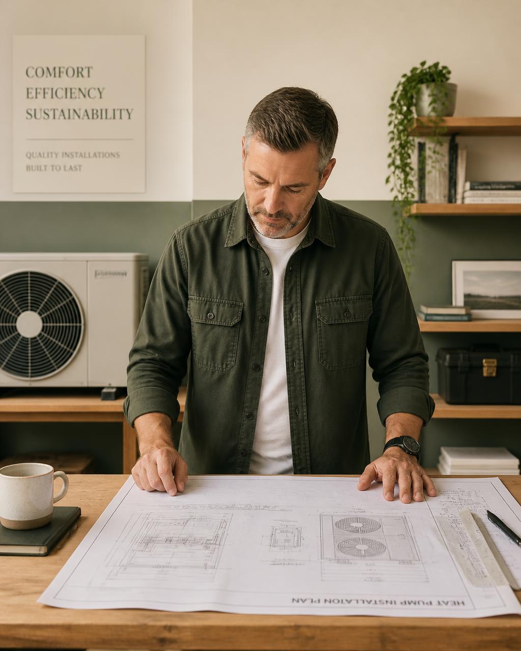 Professional contractor reviewing heat pump installation plans